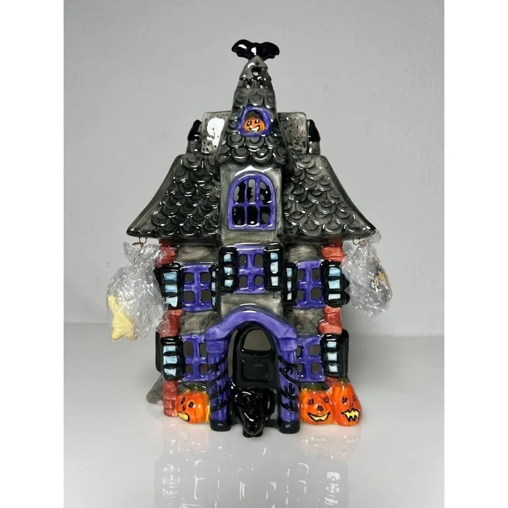 Halloween Haunted House Ceramic Tealight Candle Holder Ghost Spider Decor